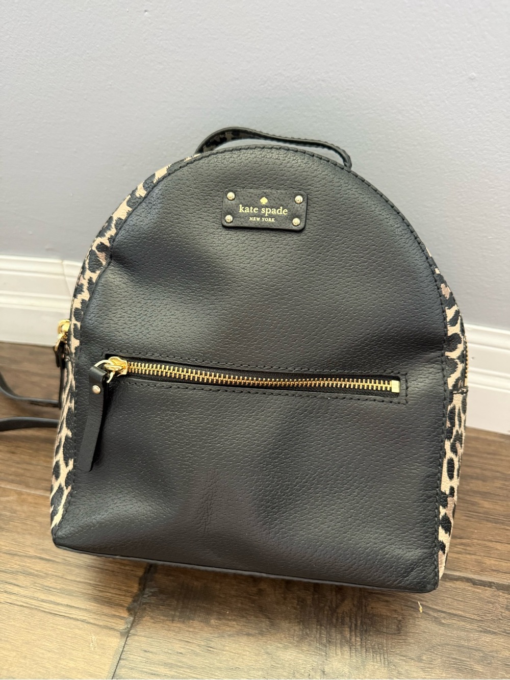 kate spade Black Leather Mini Backpack with Leopard Accent